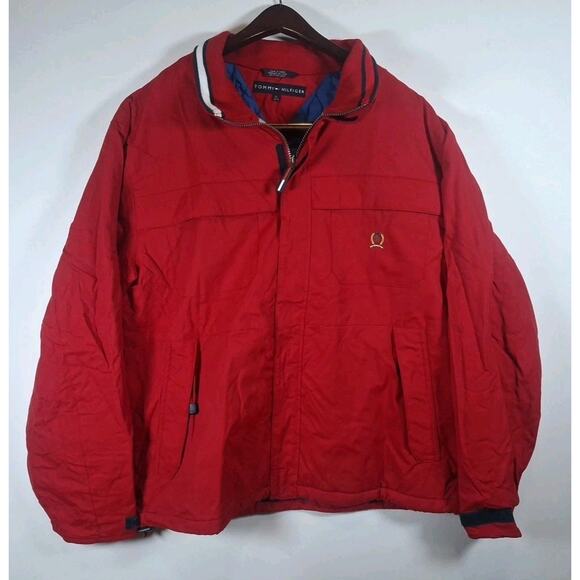 VTG TOMMY HILFIGER Mens XL Red Windbreaker Jacket 90s Full Zip Bomber Logo - Picture 1 of 9